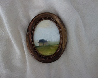 Landscape oil painting framed, tiny countryside, petite peinture de paysage à l'huile dans cadre vintage