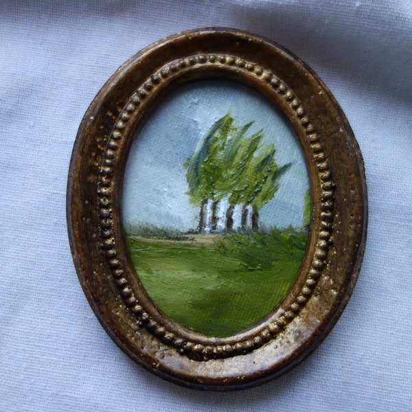 Petite peinture à l'huile dans cadre vintage, arbre, landscape oil painting framed