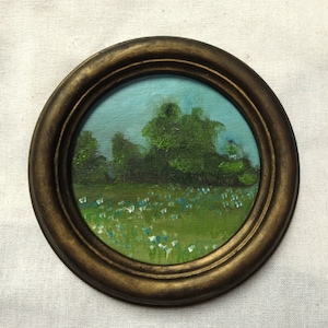Small original landscape oil painting in vintage style round frame, small antique framed landscape painting