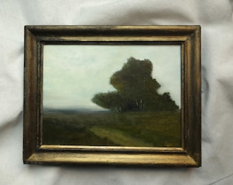 Original oil painting, romantic landscape in an old antique gold wooden frame, vintage French countryside landscape