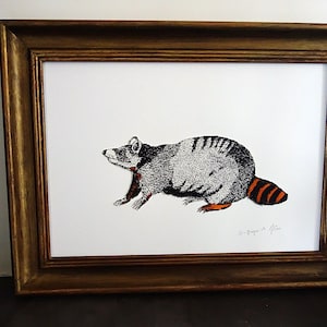 Disegno originale incorniciato a inchiostro e penna, disegno di animali vintage, modello unico su carta da acquerello. Disegno di animali incorniciato con inchiostro