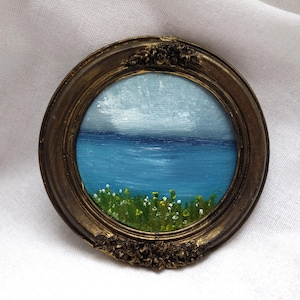 Small vintage style framed landscape oil painting, sea view painting in small antique gilt round frame