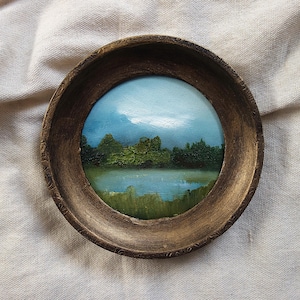 Small Landscape Oil Painting in Handmade Round Frame in Vintage Style Gold Resin, 14 cm
