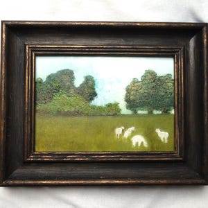 Small Landscape Oil Painting in Vintage Style Hand Gilded Wood Frame, Pasture