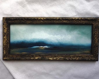 Kleines ORIGINAL Ölgemälde einer Landschaft in einem vergoldeten Holzrahmen aus der Zeit, kleines gerahmtes Landschaftsgemälde im Vintage-Stil, 13,5 x 30 cm