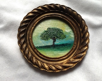 Small Landscape Oil Painting with Tree in Vintage Style Frame