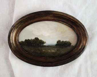 Petite peinture ORIGINALE de paysage à l'huile dans cadre de style vintage fait main, paysage 17 x 12 cm