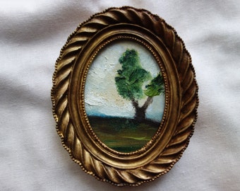 Arbre, petite peinture à l'huile dans cadre vintage, framed oil painting