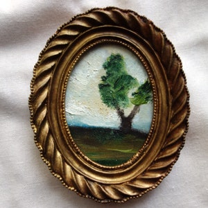 Small tree oil painting in vintage style frame, original framed landscape painting