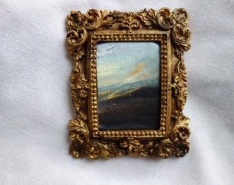 Petite peinture miniature de paysage abstrait, huile sur toile encadrée vintage, framed oil painting