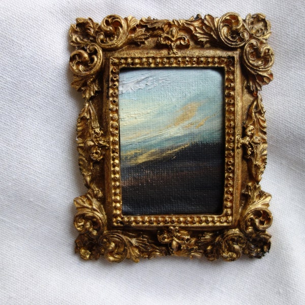 Petite peinture miniature de paysage abstrait, huile sur toile encadrée vintage, framed oil painting