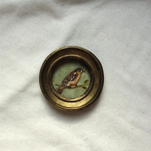 Small watercolor painting, miniature bird in a handmade vintage-style frame