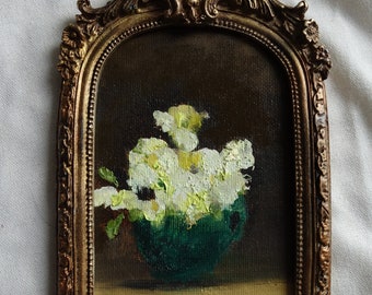 Petite peinture à l'huile dans cadre vintage, bouquet de fleurs, flowers oil painting framed