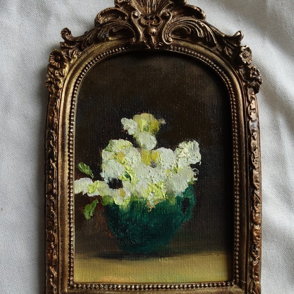 Petite peinture à l'huile dans cadre vintage, bouquet de fleurs, flowers oil painting framed