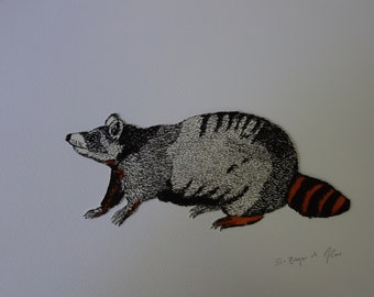 Originele ingelijste tekening in inkt en pen, vintage dierentekening, uniek model op aquarelpapier. Inkt ingelijste dierentekening