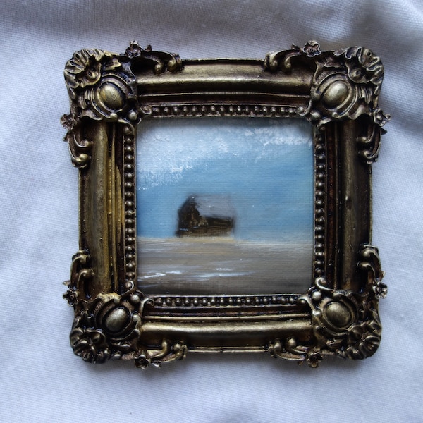 Maison, petite peinture à l'huile dans cadre vintage, framed oil painting