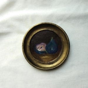 Small oil painting of figs, still life with figs painted in vintage style handmade frame