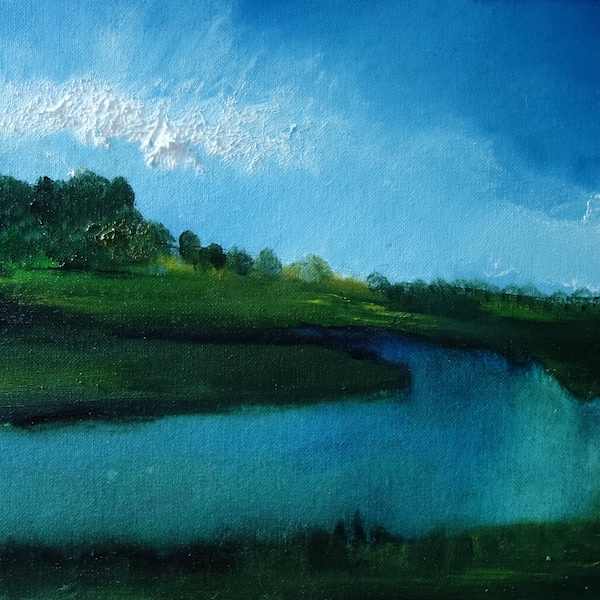 Peinture à l'huile sur bois d'un paysage avec rivière, landscape oil painting, handmade gift