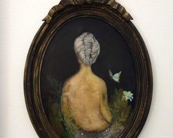 Frauenporträt in Tusche und Öl, in einem antiken, handvergoldeten Rahmen, 37 x 55 cm