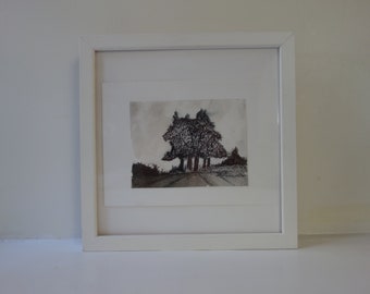 Dessin à l'encre, arbre et paysage, modèle unique sur papier aquarelle, Original landscape ink