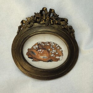 Small watercolor painting and baby fawn ink, illustration in vintage style gilded handmade frame,