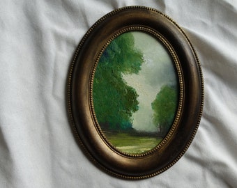 Peinture à l'huile dans cadre vintage, paysage au bois, landscape oil painting framed