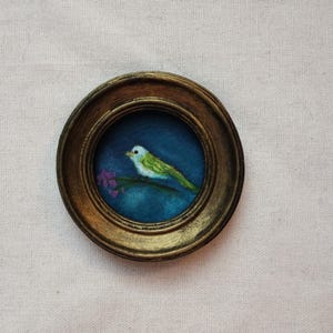 Small original watercolor painting, miniature bird in a handmade vintage style frame, unique design