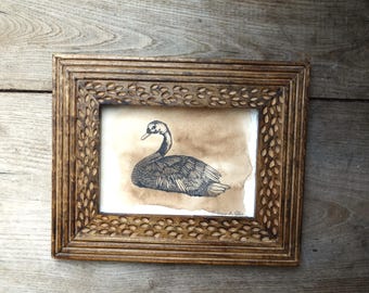 Ink and walnut ink drawing, swan illustration, original art on handmade paper 13 x 18 cm, unframed art