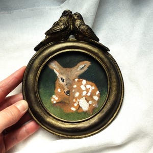 Small oil painting, illustration of a fawn in a handmade vintage-style golden frame