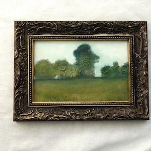 Small oil landscape painting in vintage style gilded frame, framed landscape