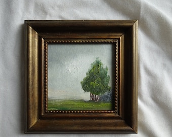 Petite peinture à l'huile encadrée, arbre, vintage framed