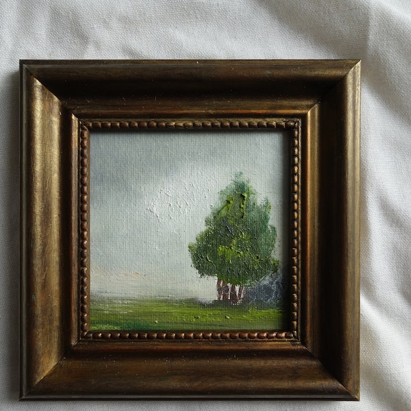 Petite peinture à l'huile encadrée, arbre, vintage framed