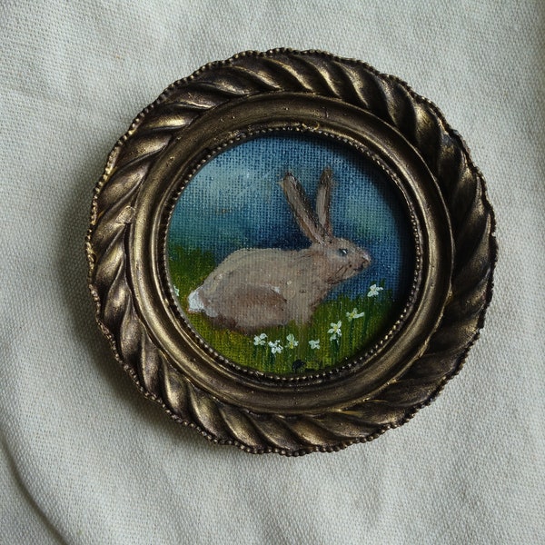 Framed original bunny oil painting, small rabbit painting in gold frame. Tiny bunny painting, vintage home decor,