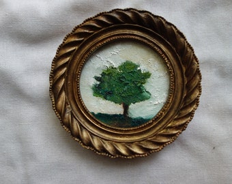 Tree, small oil painting in vintage frame, framed landscape oil painting