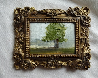 Petite peinture miniature d'arbre, huile sur toile encadrée vintage, framed oil painting