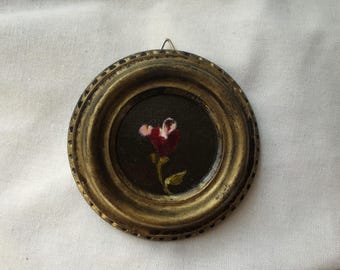 Original oil painting, flower in a miniature vintage-style frame, 9 cm