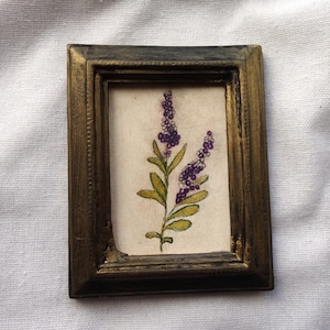 Small watercolor painting and flower ink, botanical illustration in vintage style gilded handmade miniature frame
