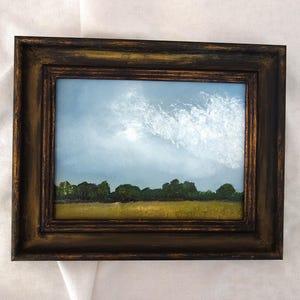 Small oil landscape painting in vintage style wooden frame, wooded landscape 22 x 27 cm