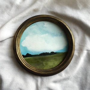Small oil painting of a landscape in vintage style gold resin handmade frame