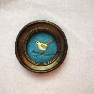 Small original watercolor painting, miniature bird in a handmade vintage style frame, unique design
