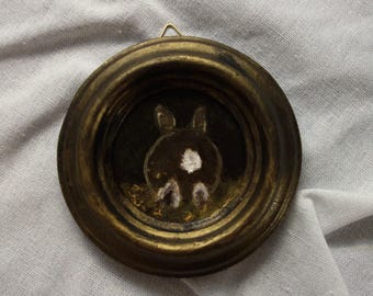 Liten ORIGINAL oljemålning av en kanin, kaninporträtt i handgjord ram i vintagestil, 9 cm