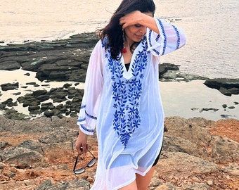 White and Blue handmade Beach Coverup Beach kimono blue embroidered dress for gifting in summer elegant coverup flowy see-through georgette
