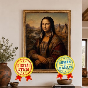Puede incluir: Impresión digital enmarcada de la Mona Lisa reimaginada con elementos nativos americanos. La obra presenta a una mujer con cabello largo y oscuro, que lleva un collar de cuentas y pendientes de plumas, sobre un paisaje con tipis. El marco es dorado.