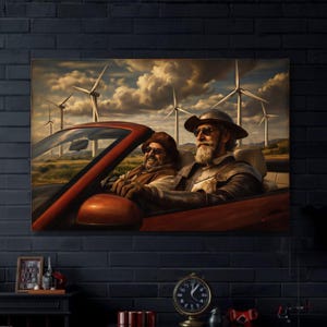 Arte digital moderno de Don Quijote y Sancho Panza, parodia de pintura al óleo del Caballero en el Descapotable Rojo