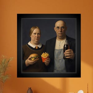 American Gothic Fast Food Parody Print – Burger, Fries, Soda Wall Art (Digital Download)