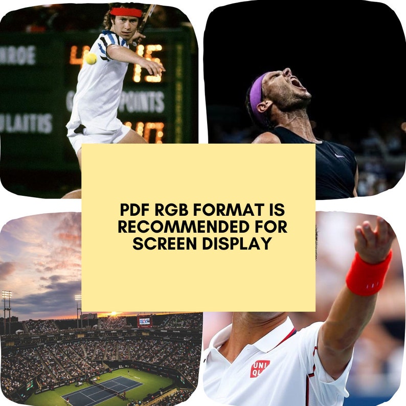 May include: A collage of four images of tennis players. The top left image shows a tennis player in a white shirt and blue shorts, holding a tennis racket and a tennis ball. The top right image shows a tennis player in a black shirt and shorts, looking up at the sky. The bottom left image shows a tennis court with a crowd of people in the stands. The bottom right image shows a tennis player in a white shirt with the text 'UNIQLO' on it, raising his right arm in the air.