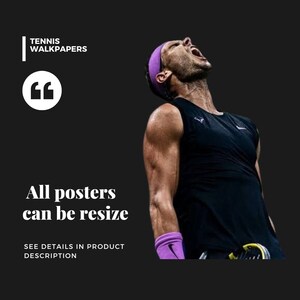 May include: A black and white image of a tennis player in a black sleeveless shirt, purple wristband, and a purple headband. The player is looking up and yelling. The text 'TENNIS WALLPAPERS' is in the top left corner of the image. The text 'All posters can be resize' is in the bottom left corner of the image. The text 'SEE DETAILS IN PRODUCT DESCRIPTION' is below the text 'All posters can be resize'.