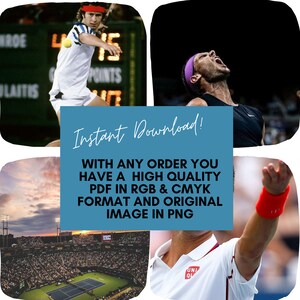 May include: A collage of four images featuring tennis players. The top left image shows a tennis player in a white shirt and blue shorts, holding a tennis racket and a tennis ball. The top right image shows a tennis player in a black shirt and white shorts, with a purple headband, looking up and yelling. The bottom left image shows a tennis court with a crowd of people in the stands. The bottom right image shows a tennis player in a white shirt with a red logo, raising their right arm in the air.