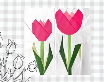 Tulips Flower FPP Pattern | Paper Pieced Quilt Block | 3 Sizes | Digital Download