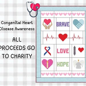 May include: A graphic promoting Congenital Heart Disease Awareness. The design features a grid with hearts, medical symbols, and words like "BRAVE" and "LOVE." A stethoscope and heart graphic are at the top. Text reads "ALL PROCEEDS GO TO CHARITY."